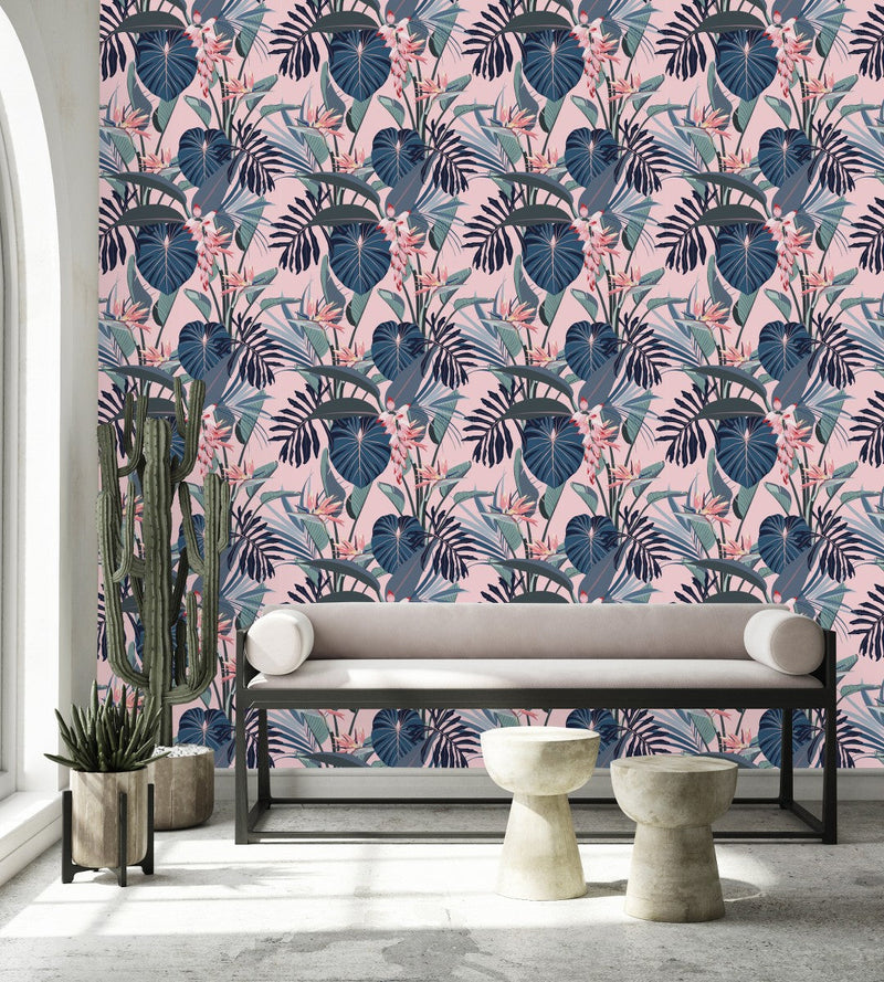 Modish Pink Wallpaper with Exotic Leaves Vogue