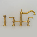 Unlacquered Brass Faucet, Kitchen Victorian Bridge Faucet with Sprayer, 3 Holes Faucet, Lever Handles
