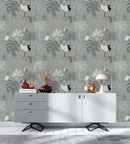 Grey Wallpaper with Cranes Pattern
