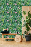 Green Grove with Pink Flowers Wallpaper