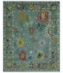 Vibrant Colorful 8x10 Gray and green Hand Knotted Traditional Oushak wool rug