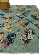 Vibrant Colorful Beautiful chicken Light Green, Ivory, Gold and Brown Hand Knotted 8x10 Wool Area Rug
