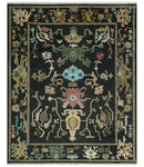 Vibrant Colorful Black 8x10 Hand Knotted Traditional Oushak wool area rug