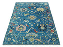 Vibrant colorful Blue Hand Knotted 8x10 Traditional Oushak Wool area Rug