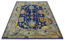 Vibrant Colorful Blue, Silver and Mustard Hand knotted Traditional Oushak 8x10 wool Area Rug