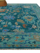 Vibrant Colorful Green, Blue and Rust Hand knotted Traditional Oushak 9x12 wool Area Rug