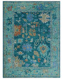 Vibrant Colorful Green, Blue and Rust Hand knotted Traditional Oushak 9x12 wool Area Rug