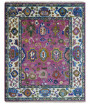 Vibrant Colorful Hand knotted Purple and Ivory Oushak wool Area Rug
