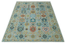 Vibrant Colorful Light Blue, Mustard, Brown and Blue Hand Knotted Traditional Oushak Multi Size wool Area Rug