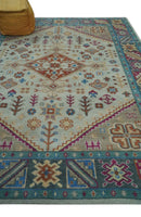 Vibrant Colorful Silver, Beige, Blue and Brown Traditional Heriz Multi Size wool Area Rug