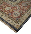 Hand Knotted Traditional Black, Rust and Beige Textured Low Pile Distressed Wool Rug