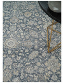 Custom Made Hand Knotted Traditional Blue and Beige Antique Textured Low Pile Distressed Wool Rug