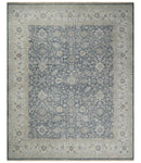 Custom Made Hand Knotted Traditional Blue and Beige Antique Textured Low Pile Distressed Wool Rug