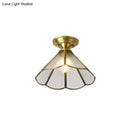 Vintage brass scallop semi flush mount bedroom light with etched glass
