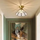 Vintage brass scallop semi flush mount bedroom light with etched glass