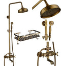 Vintage brass shower faucet mixer set bathroom rainfall head shelf