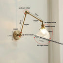 Vintage brass swing arm wall light fixture bedroom glass sconce