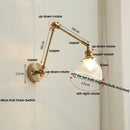Vintage brass swing arm wall light fixture bedroom glass sconce