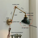 Vintage brass swing arm wall light fixture bedroom glass sconce