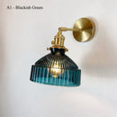 Vintage brass wall lamp with ribbed glass shade for living room