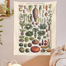 Vintage earth tone botanical plant chart tapestry kitchen wall art