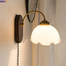 Vintage glass copper led wall lights for bedroom with wood backplate