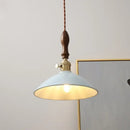 Vintage pale blue enamel pendant light with ceramic knob switch living room