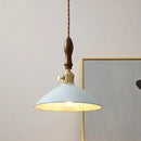 Vintage pale blue enamel pendant light with ceramic knob switch living room