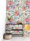 Vintage Poppy Flowers and Butterflies on Yellow Background Wallpaper Mural
