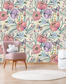 Vintage Poppy Flowers and Butterflies on Yellow Background Wallpaper Mural