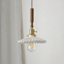 Vintage scalloped glass and walnut wood pendant light for dining room