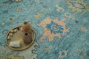 Vintage Style Blue, Beige and silver Hand Knotted Traditional Oushak wool area Rug