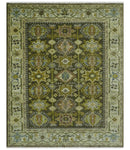 Vintage Style Earthy Green and Silver Traditional Hand Knotted 8x10 wool area rug