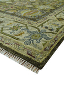 Vintage Style Earthy Green and Silver Traditional Hand Knotted 8x10 wool area rug