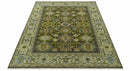 Vintage Style Earthy Green and Silver Traditional Hand Knotted 8x10 wool area rug