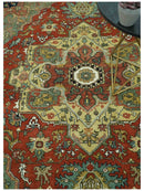 Vintage Style Green, Rust and Ivory Fine Hand Knotted 8x10 wool area rug