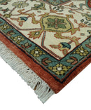 Vintage Style Green, Rust and Ivory Fine Hand Knotted 8x10 wool area rug
