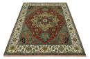 Vintage Style Green, Rust and Ivory Fine Hand Knotted 8x10 wool area rug