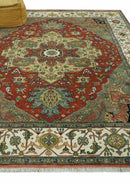 Vintage Style Green, Rust and Ivory Fine Hand Knotted 8x10 wool area rug