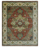 Vintage Style Green, Rust and Ivory Fine Hand Knotted 8x10 wool area rug