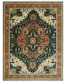 Vintage Style Rust, Blue and Ivory Fine Hand Knotted Traditional Heriz 9x12 wool area rug