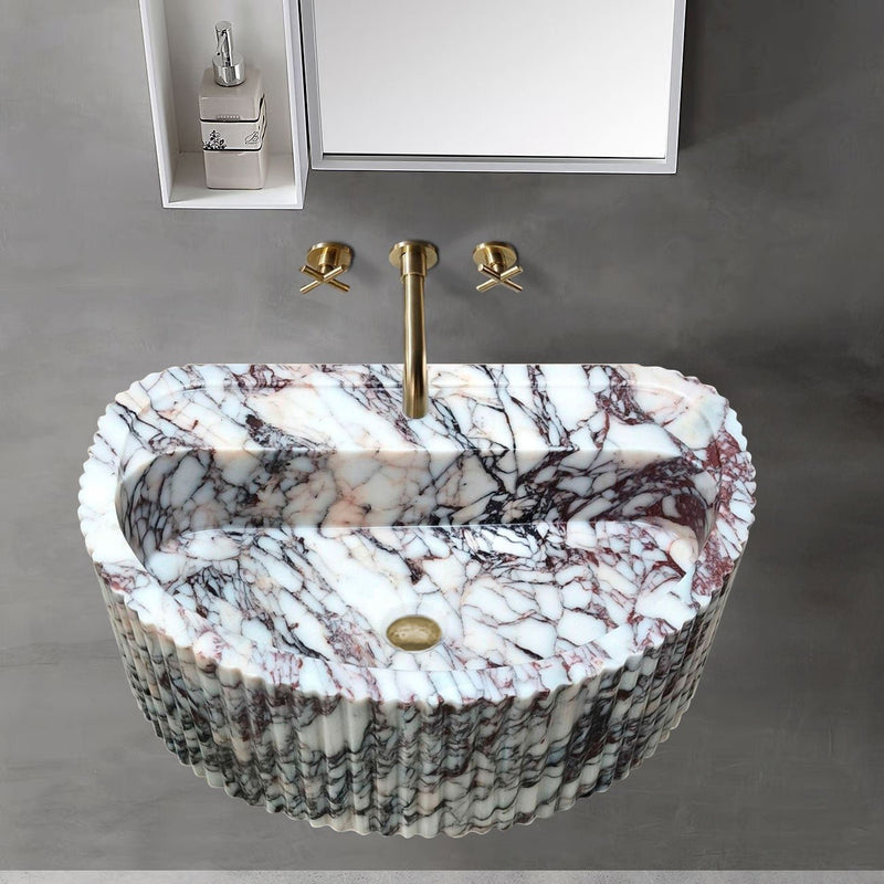 Calacatta Viola Marble Wall-Mount Bathroom Fluted Marble Sink (W)16" (L)24" (H)8" bathroom view wall mount faucet gold in color