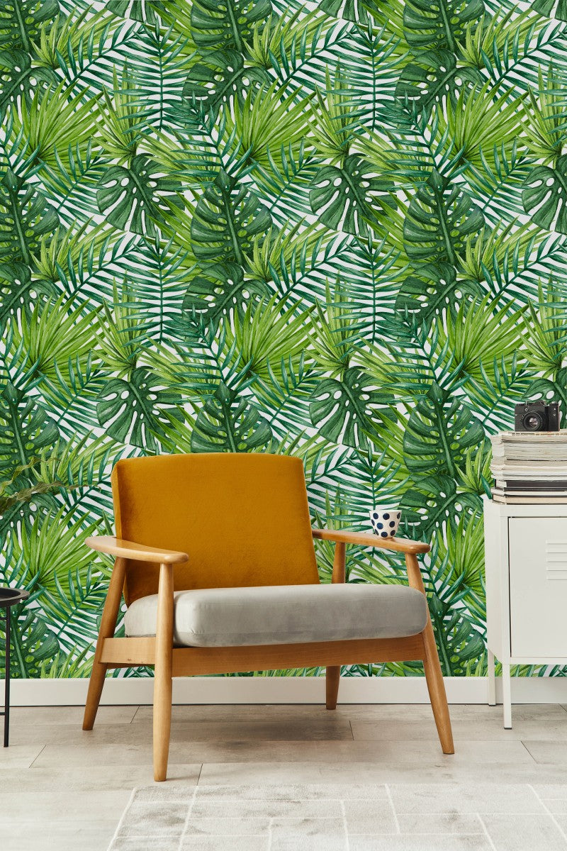 Modish Tropical Green Leaves Wallpaper