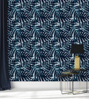 Voguish Dark Blue Palm Leaves Wallpaper