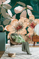 Dark Green Wallpaper with Beige Flowers