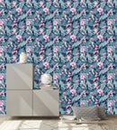 Stylish Grey Leaves and Pink Flowers Wallpaper