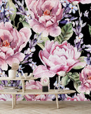 Modish Dark Wallpaper with Pink Flowers Contemporary