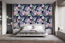 Grey Birds and Large Flowers Wallpaper