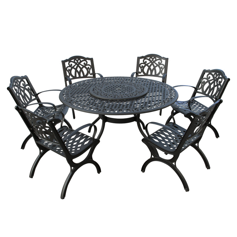 Outdoor Aluminum 7pc Round Patio Dining Set, Lazy Susan, Six Chairs