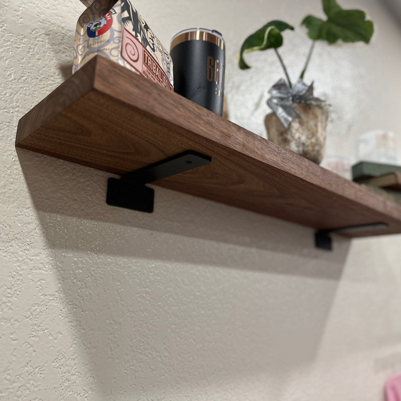 Walnut Wood Floating Shelf with Angle Brackets – Thick Wall-Mounted Shelves – Custom Sizes